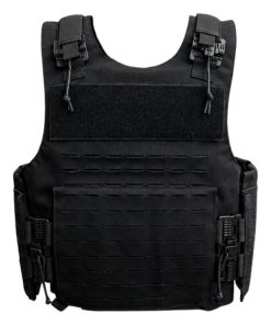 Chaleco antibalas MK2 nivel IIIA en negro, vista frontal con bolsillo portaplaca y MOLLE de corte láser